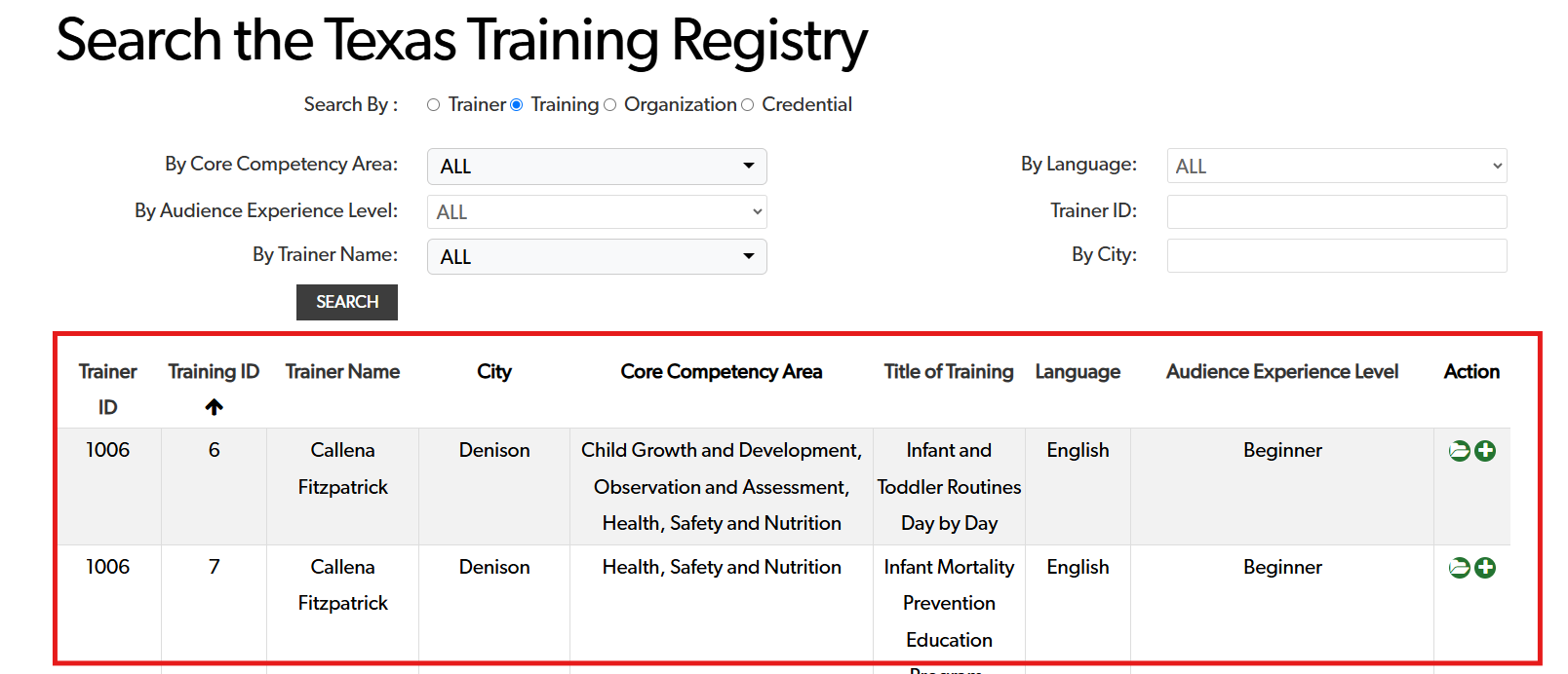 Screenshot of TECPDS trainer registry.
